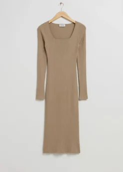 Store & Other Stories Robe Midi Ajustée Et Côtelée Beige